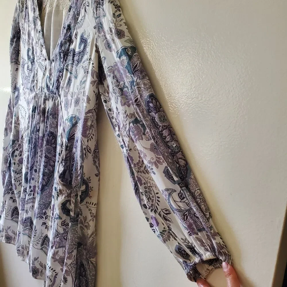 Free People Rain Or Shine Lace Up Mini Dress Ivory Paisley Womens XS - Picture 4 of 15
